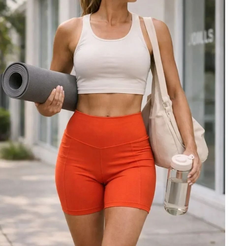 Old Navy ActiveāPowerSoft High Rise Biker Shorts Size M Orange W/ Phone Pockets
